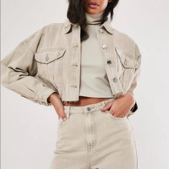 Missguided Beige Cropped Jean Jacket - Picture 1 of 4